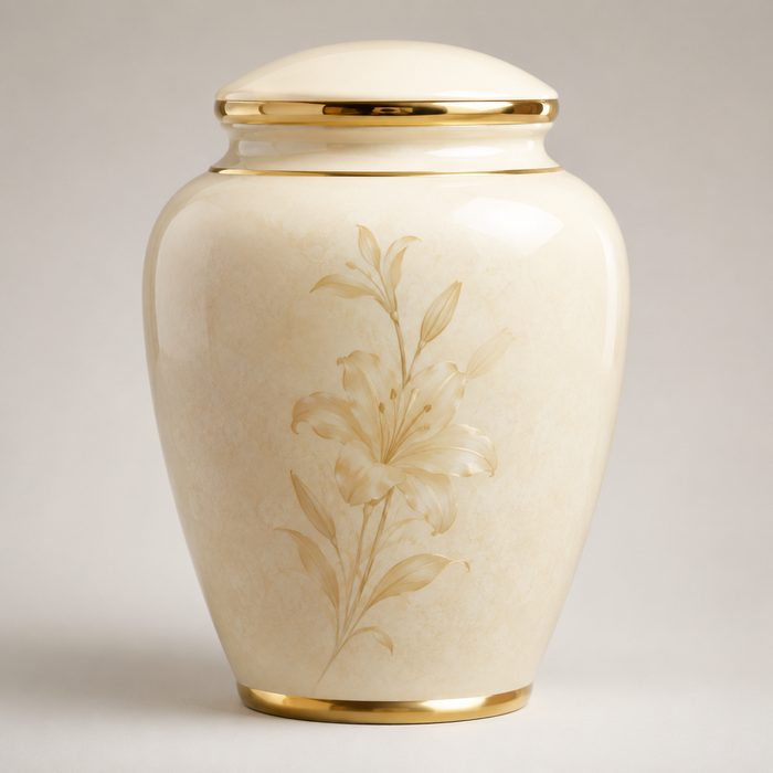 Urna cineraria in ceramica avorio e oro con giglio - cremazione Napoli
